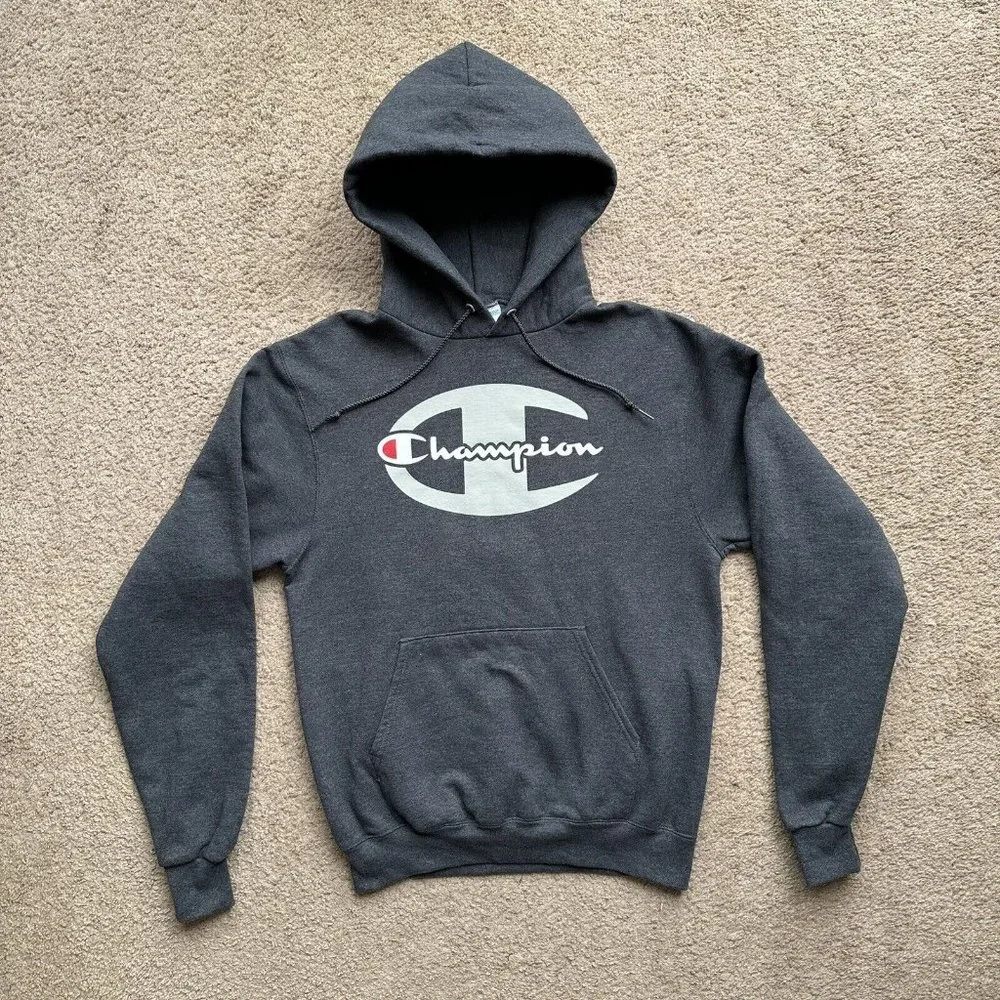 Champion Sweatshirt Mens Small Grey Hoodie Pockets Logo Spellout - Picture 1 of 12
